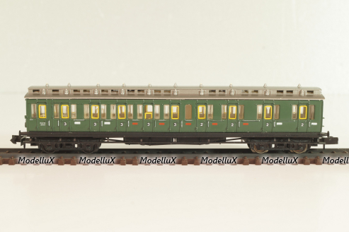 Вагон пассажирский, 2/3-класс (number), 4-х осный, DRG, Epoche II (1920 - 1950) с освещением, зеленый, 2931, Arnold 1:160 (N)