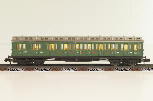 Вагон пассажирский, 2/3-класс (number), 4-х осный, DRG, Epoche II (1920 - 1950) с освещением, зеленый, 2931, Arnold 1:160 (N)