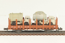 Вагон платформа, с грузом "2 грузовых автомобиля" (number 415 485), 2-х осный, DB, Epoche III (1949 - 1970), коричневый, 2303, Roco 1:160 (N)