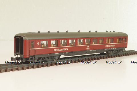 Вагон ресторан (number 51 80 88-40 223-6), 4-х осный, DB, Epoche IV (1970–1985) с освещением, красный, 02268A, Roco 1:160 (N)