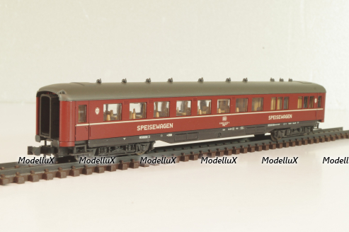 Вагон ресторан (number 51 80 88-40 223-6), 4-х осный, DB, Epoche IV (1970–1985) с освещением, красный, 02268A, Roco 1:160 (N)