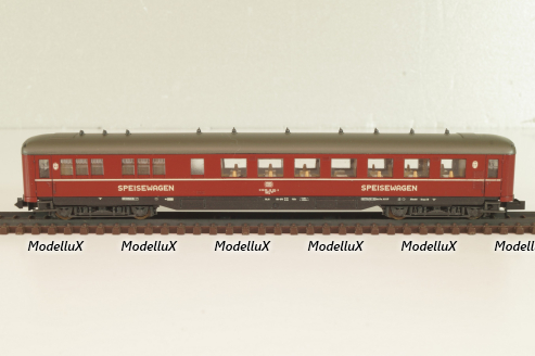 Вагон ресторан (number 51 80 88-40 223-6), 4-х осный, DB, Epoche IV (1970–1985) с освещением, красный, 02268A, Roco 1:160 (N)
