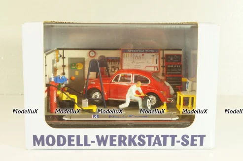 Volkswagen Kafer (Beetle) with 2 figures and diorama Service station, red, Mini-Rama 1:43