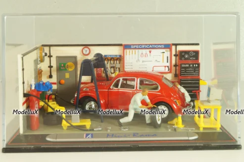 Volkswagen Kafer (Beetle) with 2 figures and diorama Service station, red, Mini-Rama 1:43