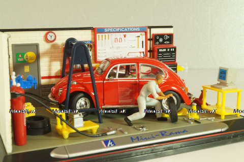 Volkswagen Kafer (Beetle) with 2 figures and diorama Service station, red, Mini-Rama 1:43