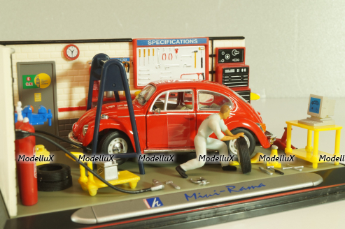 Volkswagen Kafer (Beetle) with 2 figures and diorama Service station, red, Mini-Rama 1:43