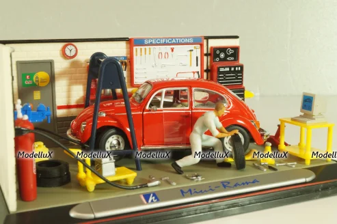 Volkswagen Kafer (Beetle) with 2 figures and diorama Service station, red, Mini-Rama 1:43