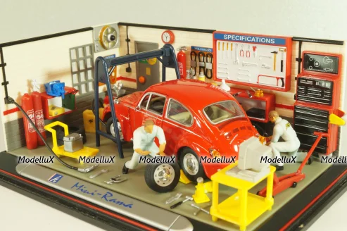 Volkswagen Kafer (Beetle) with 2 figures and diorama Service station, red, Mini-Rama 1:43