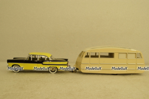 Simca Vedette Chambord with Henon Caravan 1958 yellow/black/creme, Norev 1:43
