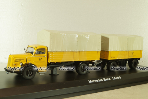 Mercedes L 6600 truck with trailer Deutsche Bundespost 1950, yellow, 8821, Schuco 1:43