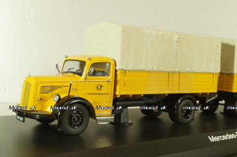 Mercedes L 6600 truck with trailer Deutsche Bundespost 1950, yellow, 8821, Schuco 1:43