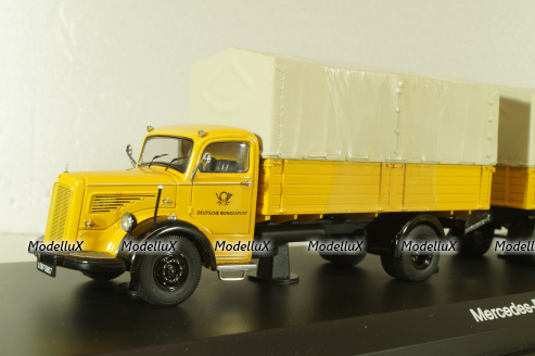 Mercedes L 6600 truck with trailer Deutsche Bundespost 1950, yellow, 8821, Schuco 1:43