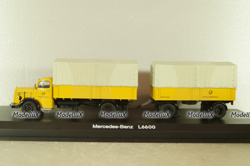 Mercedes L 6600 truck with trailer Deutsche Bundespost 1950, yellow, 8821, Schuco 1:43