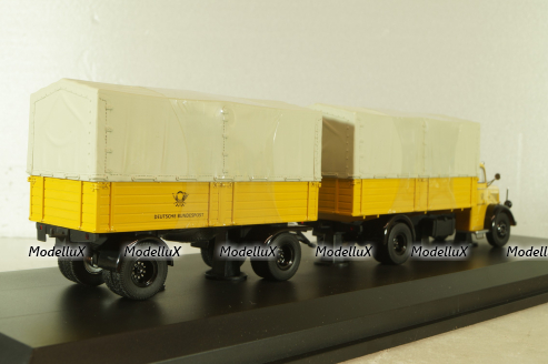 Mercedes L 6600 truck with trailer Deutsche Bundespost 1950, yellow, 8821, Schuco 1:43