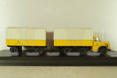 Mercedes L 6600 truck with trailer Deutsche Bundespost 1950, yellow, 8821, Schuco 1:43