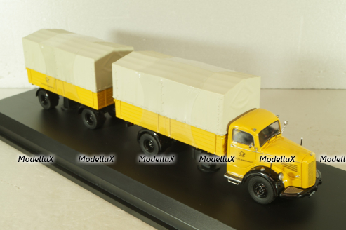 Mercedes L 6600 truck with trailer Deutsche Bundespost 1950, yellow, 8821, Schuco 1:43