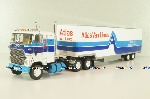 Ford CL 9000 truck with Semitrailer "Atlas Van Linas" 1983, white with blue lines, American trucks, Spain, #89, Altaya 1:43