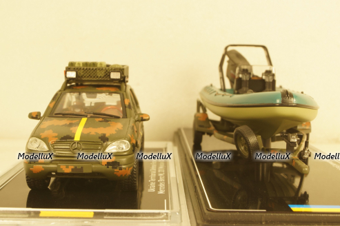 Mercedes ML320 W163 1998 with powerboat Ukraine Territorial Defense Forces (Mykolaiv 2022), TruckTyr 1:43