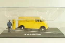 DKW Schnellaster Typ 30 pickup "Deutsche Bundespost" 1954, with post man and mail box, yellow, Schuco 1:4