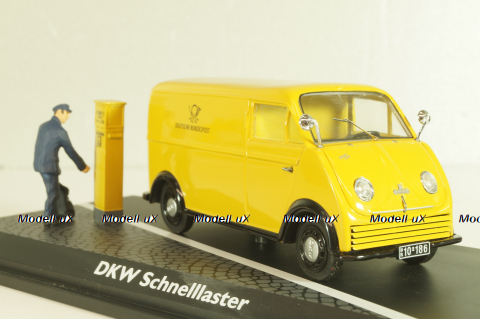 DKW Schnellaster Typ 30 pickup "Deutsche Bundespost" 1954, with post man and mail box, yellow, Schuco 1:4
