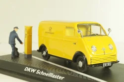 DKW Schnellaster Typ 30 pickup "Deutsche Bundespost" 1954, with post man and mail box, yellow, Schuco 1:4