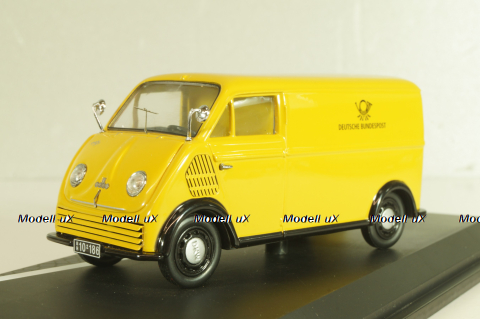DKW Schnellaster Typ 30 pickup "Deutsche Bundespost" 1954, with post man and mail box, yellow, Schuco 1:4