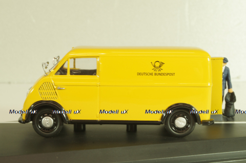 DKW Schnellaster Typ 30 pickup "Deutsche Bundespost" 1954, with post man and mail box, yellow, Schuco 1:4