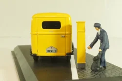 DKW Schnellaster Typ 30 pickup "Deutsche Bundespost" 1954, with post man and mail box, yellow, Schuco 1:4