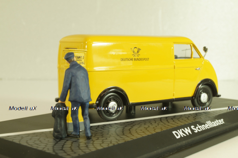 DKW Schnellaster Typ 30 pickup "Deutsche Bundespost" 1954, with post man and mail box, yellow, Schuco 1:4