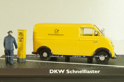 DKW Schnellaster Typ 30 pickup "Deutsche Bundespost" 1954, with post man and mail box, yellow, Schuco 1:4