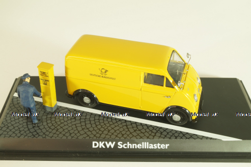 DKW Schnellaster Typ 30 pickup "Deutsche Bundespost" 1954, with post man and mail box, yellow, Schuco 1:4