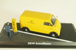 DKW Schnellaster Typ 30 pickup "Deutsche Bundespost" 1954, with post man and mail box, yellow, Schuco 1:4