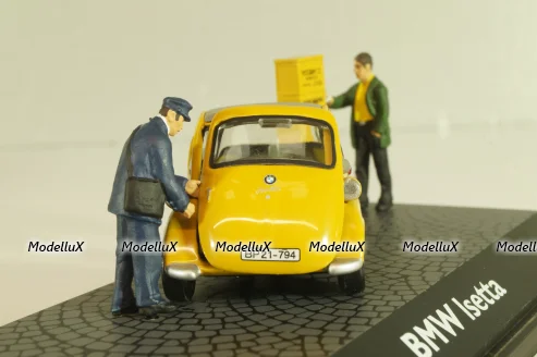 BMW Isetta 250 Deutsche Post 1955, with two figuren and mail box yellow, 006726, Schuco 1:43