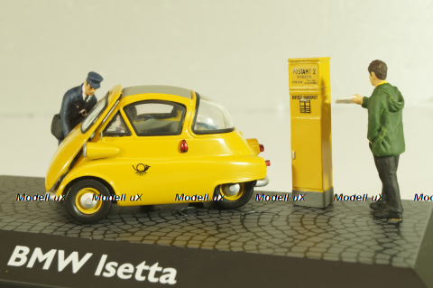 BMW Isetta 250 Deutsche Post 1955, with two figuren and mail box yellow, 006726, Schuco 1:43