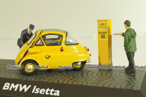 BMW Isetta 250 Deutsche Post 1955, with two figuren and mail box yellow, 006726, Schuco 1:43