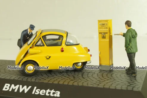 BMW Isetta 250 Deutsche Post 1955, with two figuren and mail box yellow, 006726, Schuco 1:43