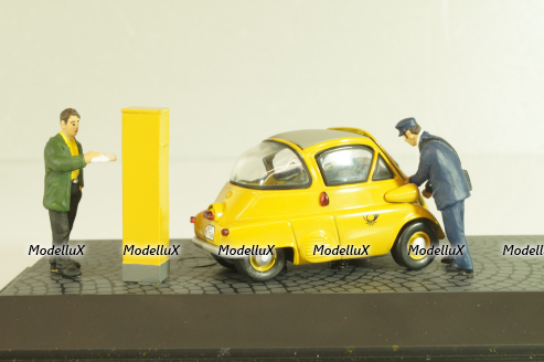 BMW Isetta 250 Deutsche Post 1955, with two figuren and mail box yellow, 006726, Schuco 1:43