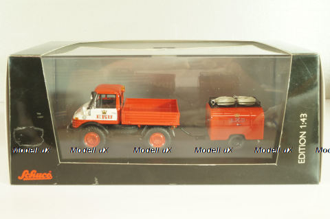 Mercedes-Benz Unimog 406 vith trailer TSA 8 EKU fire engine, red, 03158, Schuco 1:43