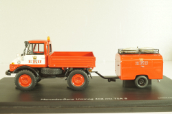 Mercedes-Benz Unimog 406 vith trailer TSA 8 EKU fire engine, red, 03158, Schuco 1:43