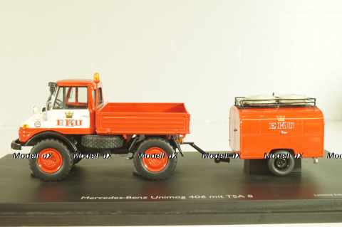Mercedes-Benz Unimog 406 vith trailer TSA 8 EKU fire engine, red, 03158, Schuco 1:43