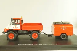 Mercedes-Benz Unimog 406 vith trailer TSA 8 EKU fire engine, red, 03158, Schuco 1:43
