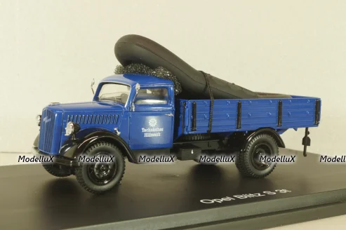 Opel Blitz S 3t THW, truck with boat, dark blue, 03053, Schuco 1:43