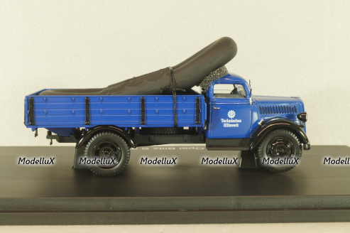 Opel Blitz S 3t THW, truck with boat, dark blue, 03053, Schuco 1:43