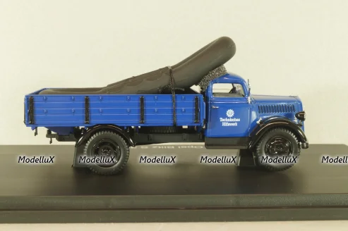 Opel Blitz S 3t THW, truck with boat, dark blue, 03053, Schuco 1:43