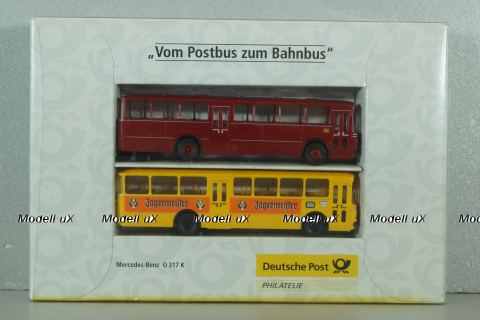 Mercedes O 317K bus, yellow"Jagermeister" + Mercedes O 317K bus, dark red, 006764, Brekina 1:87