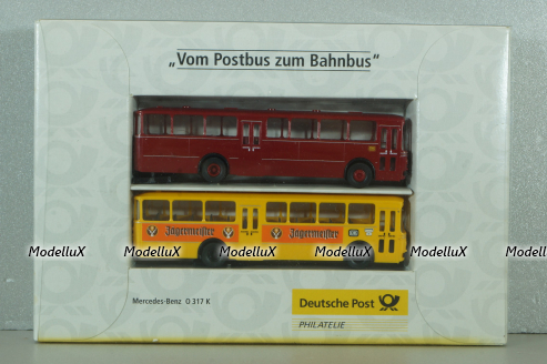 Mercedes O 317K bus, yellow"Jagermeister" + Mercedes O 317K bus, dark red, 006764, Brekina 1:87