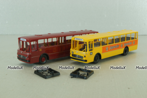 Mercedes O 317K bus, yellow"Jagermeister" + Mercedes O 317K bus, dark red, 006764, Brekina 1:87