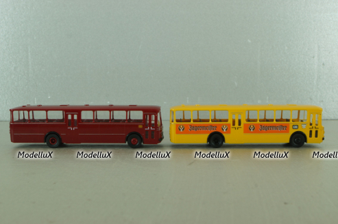 Mercedes O 317K bus, yellow"Jagermeister" + Mercedes O 317K bus, dark red, 006764, Brekina 1:87