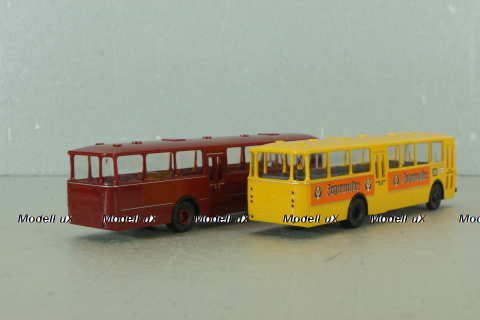 Mercedes O 317K bus, yellow"Jagermeister" + Mercedes O 317K bus, dark red, 006764, Brekina 1:87