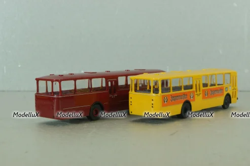 Mercedes O 317K bus, yellow"Jagermeister" + Mercedes O 317K bus, dark red, 006764, Brekina 1:87